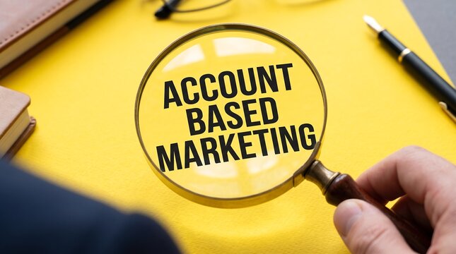 Account Based Marketing text under magnifying glass, ABM business strategy concept on yellow background, corporate marketing analysis and research