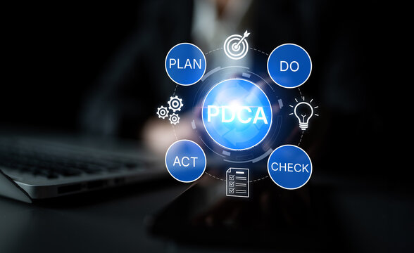 Conceptual illustration of PDCA cycle showing plan, do, check, and act in a business management framework with technology background. Bitwise.