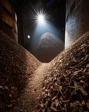 Wood Chip Piles in Dark Industrial Interior with Sunbeam, Low Angle View, Sustainable Energy Source, Storage