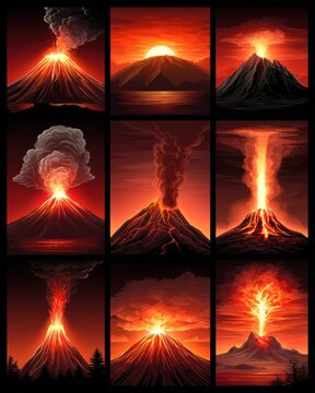 Volcanic Eruptions Collection Nine Illustrations Fiery Lava Flowing Down Mountain Sides Dramatic Landscape Red Sky
