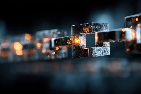 Abstract Blockchain Technology Close-up with Metallic Links and Golden Particles on Dark Background Studio Shot