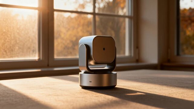Rotating after powerup pan-tilt camera pivoting head on wooden table by window, casting long shadow