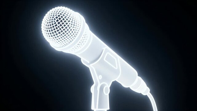 Tilting hand mic on stand with clip toward camera in studio, showing glowing grille and cable