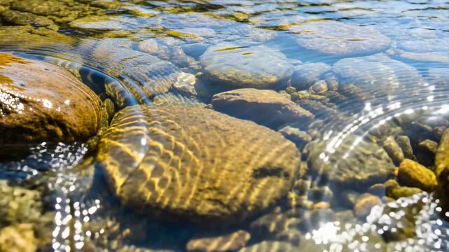 Flowing water sending ripples after pebble splash across flat stone in sunlit stream, with caustics