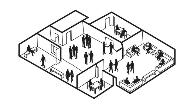 Isometric Coworking Space Layout with Silhouettes