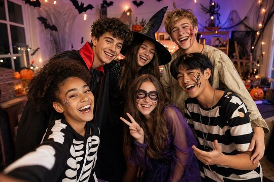 Diverse Teenagers Celebrating at a Wholesome Halloween Party