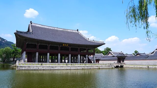 Gyeongbokgung Palace Gyeonghoeru Pavilion and Pond with Willow Tree in Seoul Korea Summer