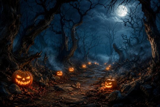 Moonlit Haunted Forest Path Lined with Glowing Pumpkins