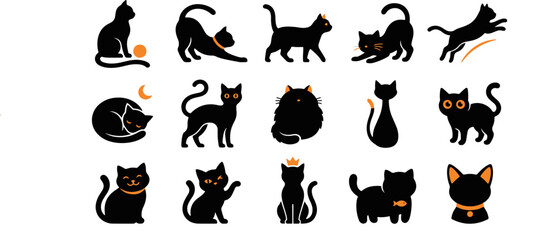 Obraz premium Set of various black cat silhouettes in different poses and styles isolated on a white background