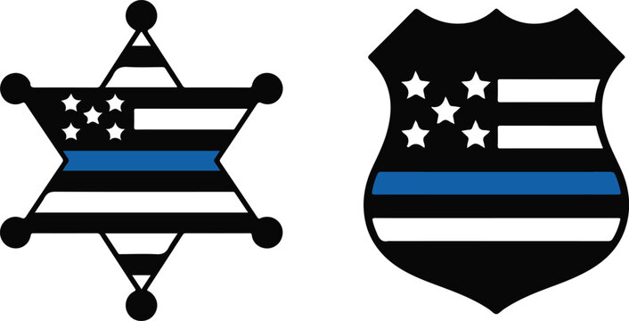 Police thin blue line american flag emblem badge for law enforcement support and sheriff star recognition symbol silhouette icon.