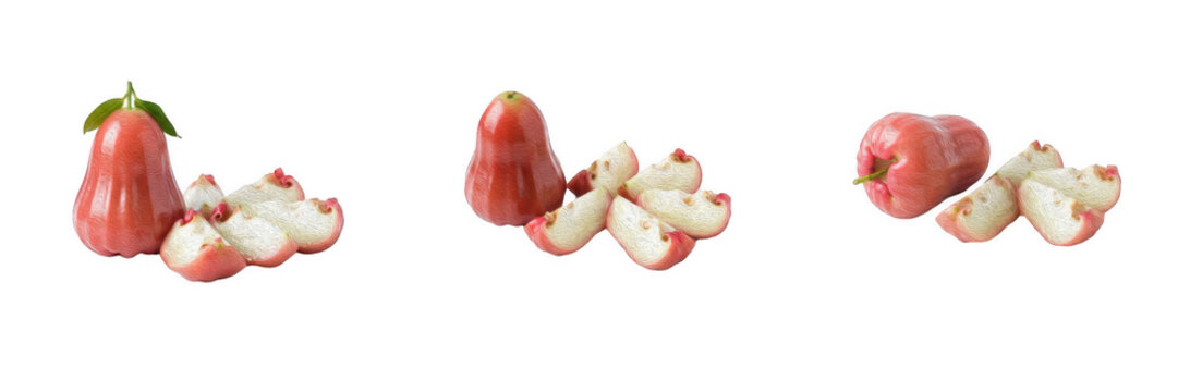 Set of Three Fresh Rose Apples Whole and Sliced with White Flesh Isolated on White Background Detailed Tropical Fruit Design Elements Stock PNG Graphics