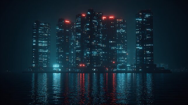 Nighttime cityscape with illuminated skyscrapers and glowing windows buildings