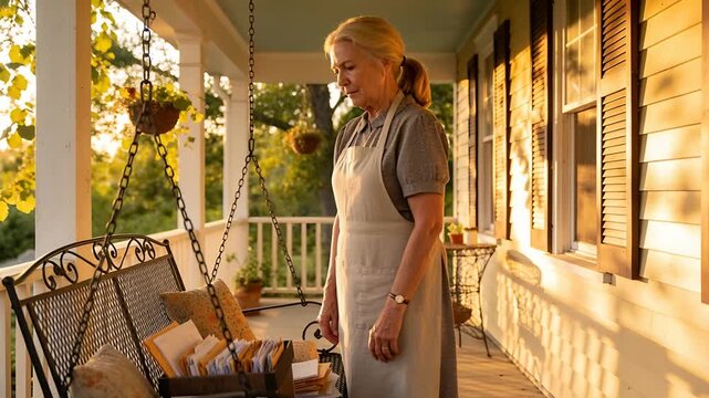Reaching senior woman wearing apron watch sorting envelopes and folders on porch swing to sort mail
