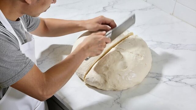 Positioning cleaver, man scoring to divide risen dough at home on marble counter in white apron
