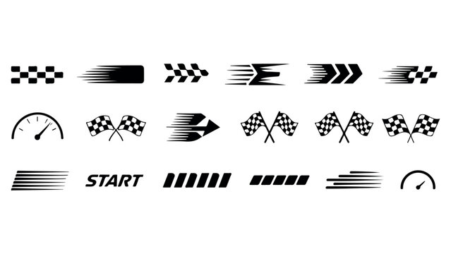 Set of speed icons with checkered flags and race start lines for racing themed graphics.