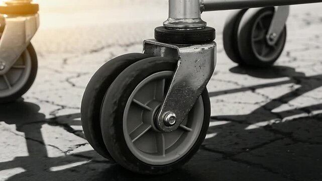Pulling camera framing dual-wheel caster on cracked asphalt, showing scuffs and sun glare