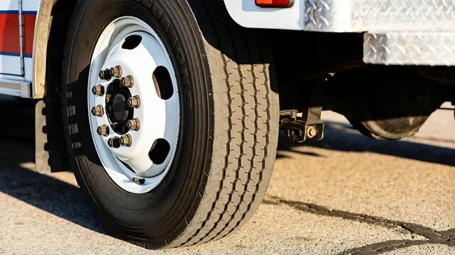 Filming camera capturing truck wheel as sunlight shifts in parking lot, with steel rim lug nuts