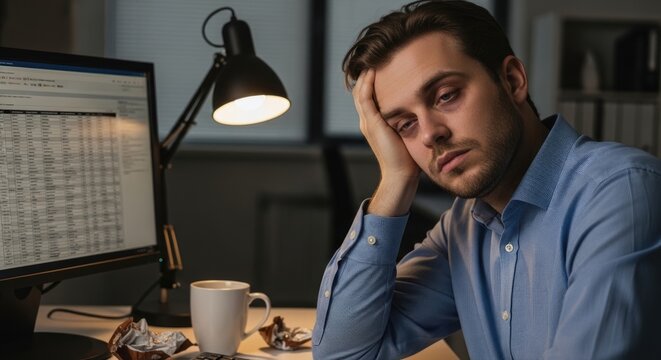 Exhausted man working late, experiencing profound fatigue, a common indicator of iron deficiency anemia, suggesting a potential iron (Fe) blood condition, medical health issue