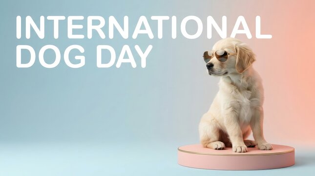 Adorable Golden Retriever puppy wearing sunglasses on a pink pedestal for International Dog Day