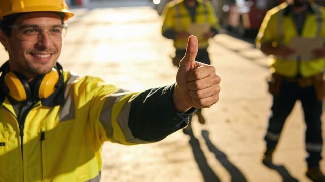 Giving thumbs-up, left worker with colleagues approaching at sunlit site, wearing hard hat, hi-vis