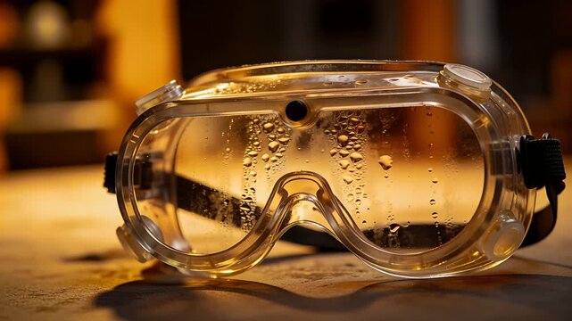 Shifting camera revealing safety goggles on tabletop showing vent port and strap with droplets