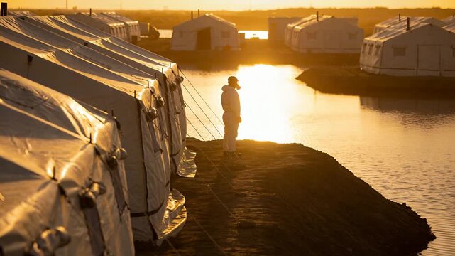 Standing man in light outerwear with hood watching low sun reflection on water at tent camp