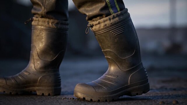 Stepping rubber boots taking steps on pavement, weight shifting onto right boot with cuffed stripe