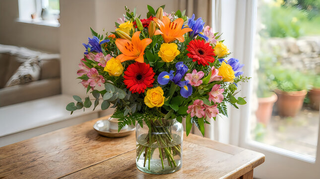 A vibrant and colorful bouquet of fresh spring flowers arranged in a glass vase on a wooden table