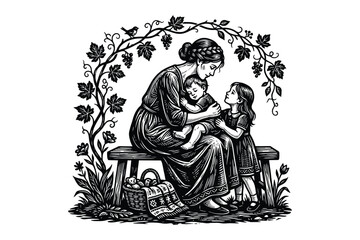 Fototapeta premium Mother sitting on bench with children under grape vine foliage illustration, children