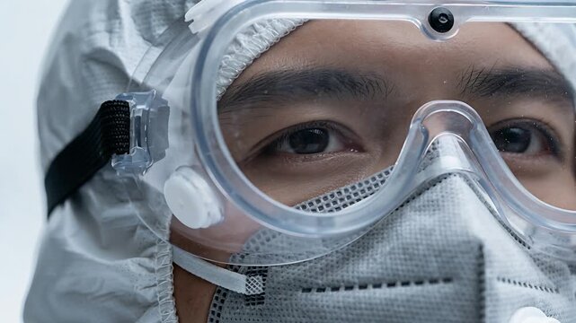 Camera capturing healthcare worker blinking, staying attentive at hospital, with PPE, goggles, mask
