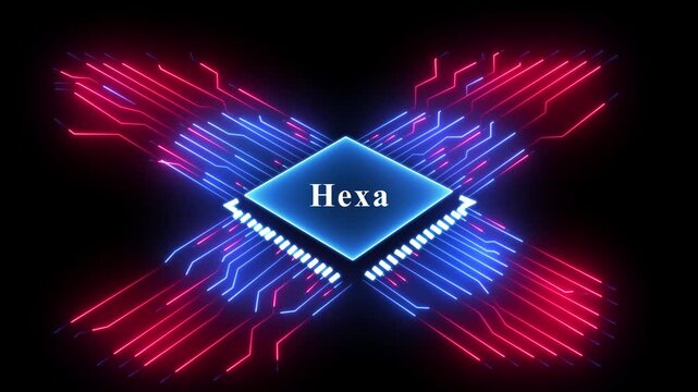 Hexa text animation in neon glow, circuit board, motion, abstract technology background.