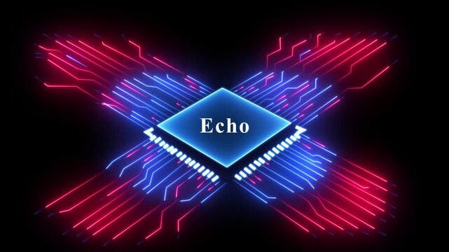 Abstract digital chip illustration featuring glowing neon circuits with echo lettering.