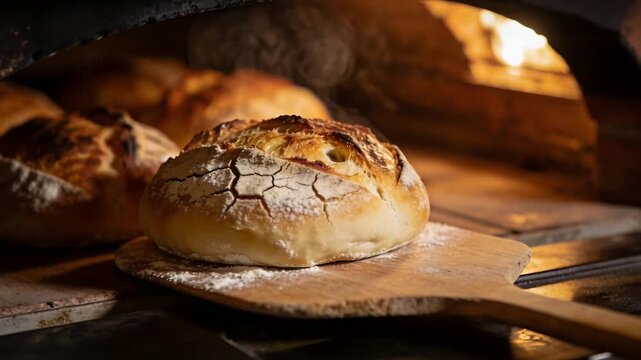 Baking artisan loaf crisping crust in stone oven as embers glowing to finish baking, with peel
