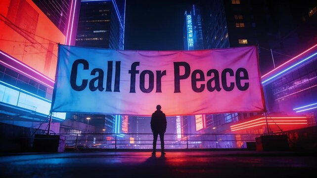 Standing hooded figure holding stance on rooftop facing Call for Peace banner, highlighting banner