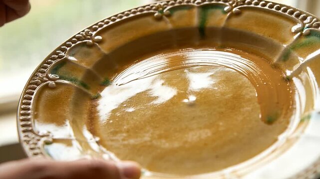Bringing brush, right hand painting green glaze stroke along plate rim near window, adding detail