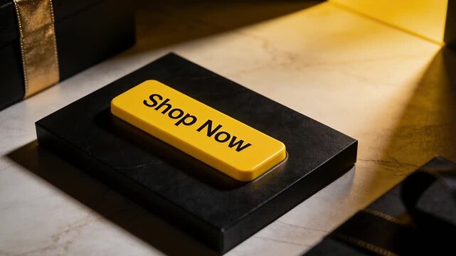 Moving camera boosting spotlight revealing yellow Shop Now button on base for promo with gift boxes