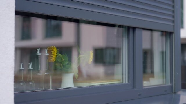 Roller shutter moves upward over kitchen window, revealing sunflowers and glass bottles inside. Concept of opening window shading
