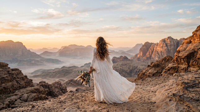 Bride in white boho dress holding bouquet standing on mountain cliff at sunset