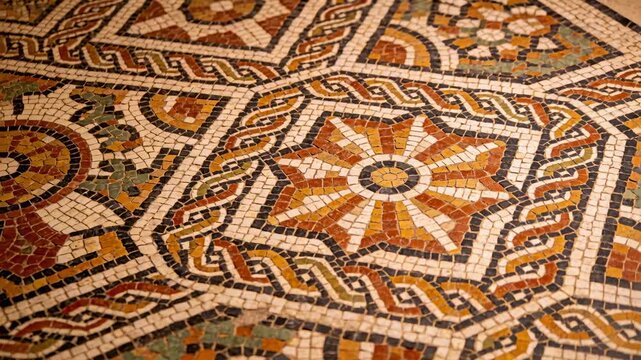 Revealing ornate geometric mosaic floor as camera slowly sliding in gallery, showing tile texture