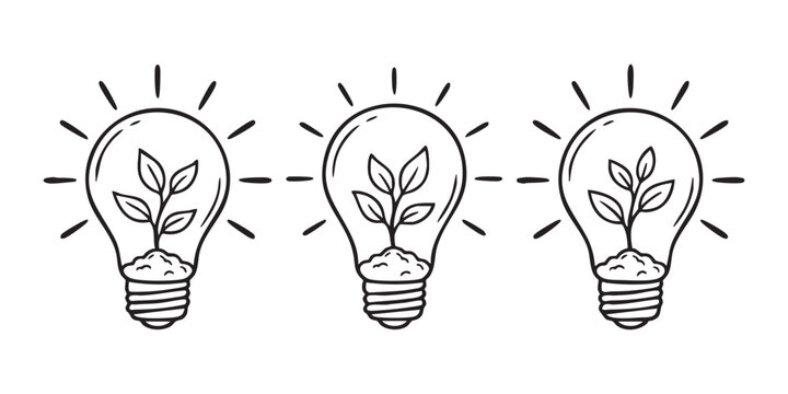 Three line art light bulb icons featuring green sapling sprout growing from soil inside the glass.