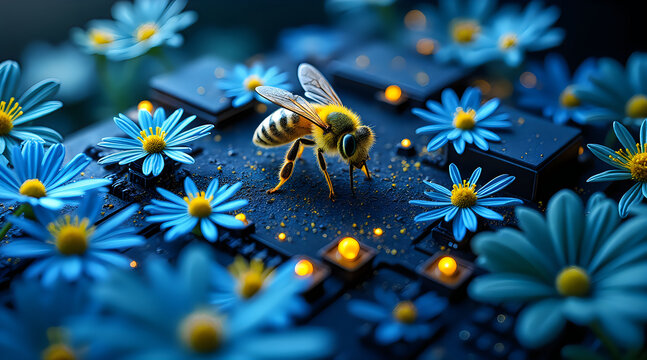 Honey bee on computer circuit board. Pollinated insect on electronic chip with blue flowers.