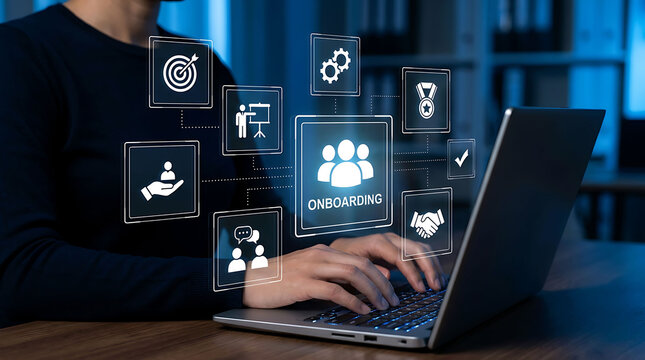 Person using laptop with digital employee onboarding orientation and training icons