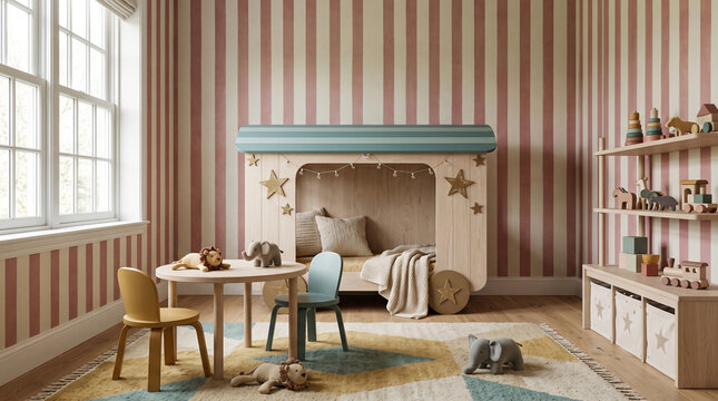 children playroom interior with circus aesthetic wooden bed and striped wallpaper