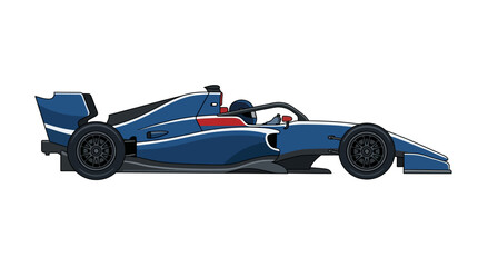 Obraz premium Side profile illustration of a modern blue and white Formula 1 race car in a clean flat design style isolated on a white background, featuring aerodynamic wings and driver cockpit.