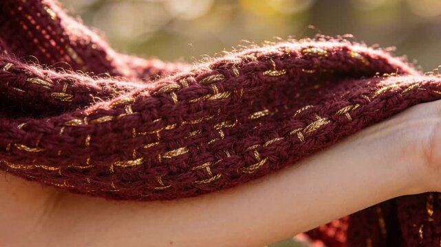 Catching maroon scarf shifting sunlight over bare forearm outdoors, showing gold thread shimmer