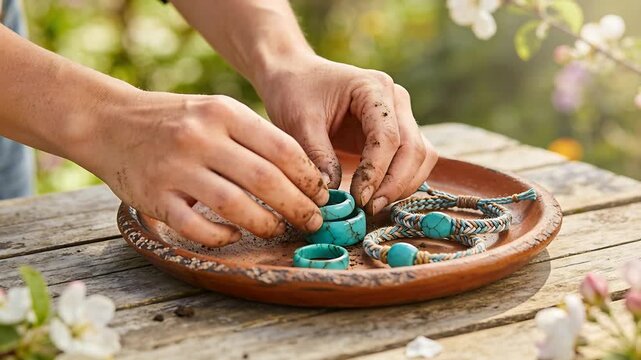 After gardening, cleaning dirty hands tapping, rubbing turquoise rings on clay plate, stacking