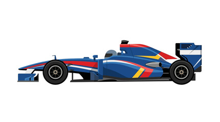 Obraz premium Flat design vector illustration of a modern open-wheel Formula 1 racing car side profile featuring blue, red, and yellow livery with a driver in the cockpit isolated on white background.