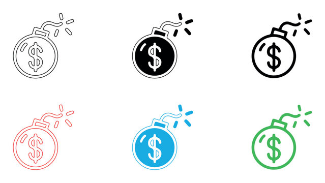 Money bomb with dollar sign icon set flat design financial risk concept.