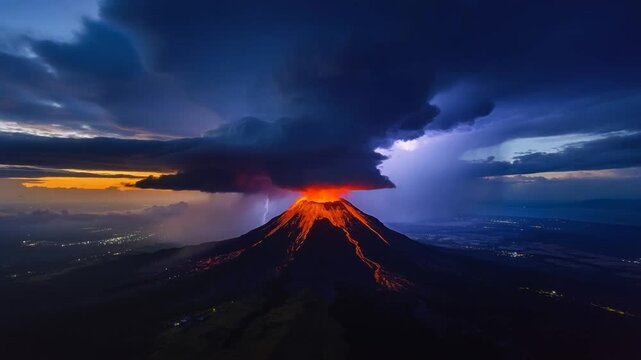 Surging magma driving summit crater pouring lava on slope at dusk, forming ash cloud with lightning