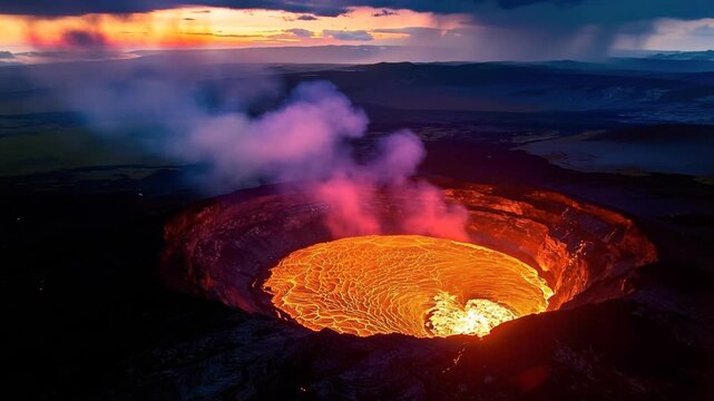 Recording active volcanic crater releasing smoke, circulating lava at sunset, lightning flashing